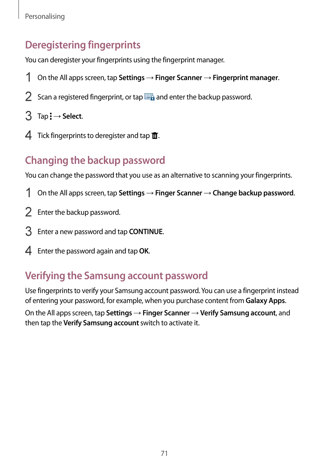 Samsung SM-N910FZWEAUT Deregistering fingerprints, Changing the backup password, Verifying the Samsung account password 