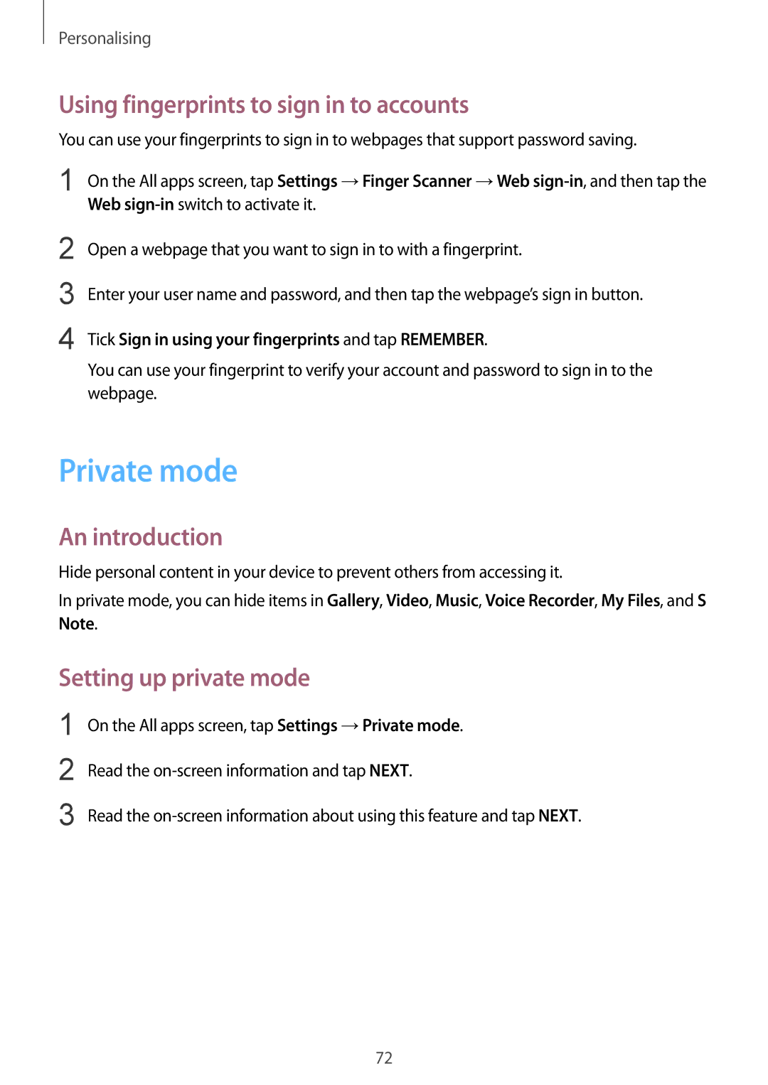 Samsung SM-N910FZKEWIN, SM-N910FZWEEUR Private mode, Using fingerprints to sign in to accounts, Setting up private mode 