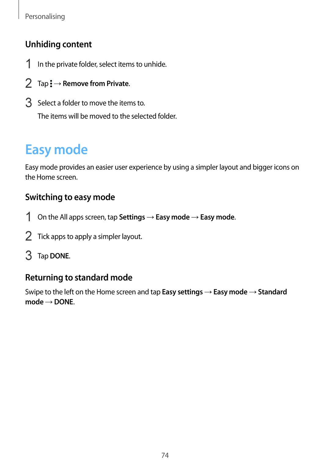 Samsung SM-N910FZIEPHE, SM-N910FZWEEUR Easy mode, Unhiding content, Switching to easy mode, Returning to standard mode 