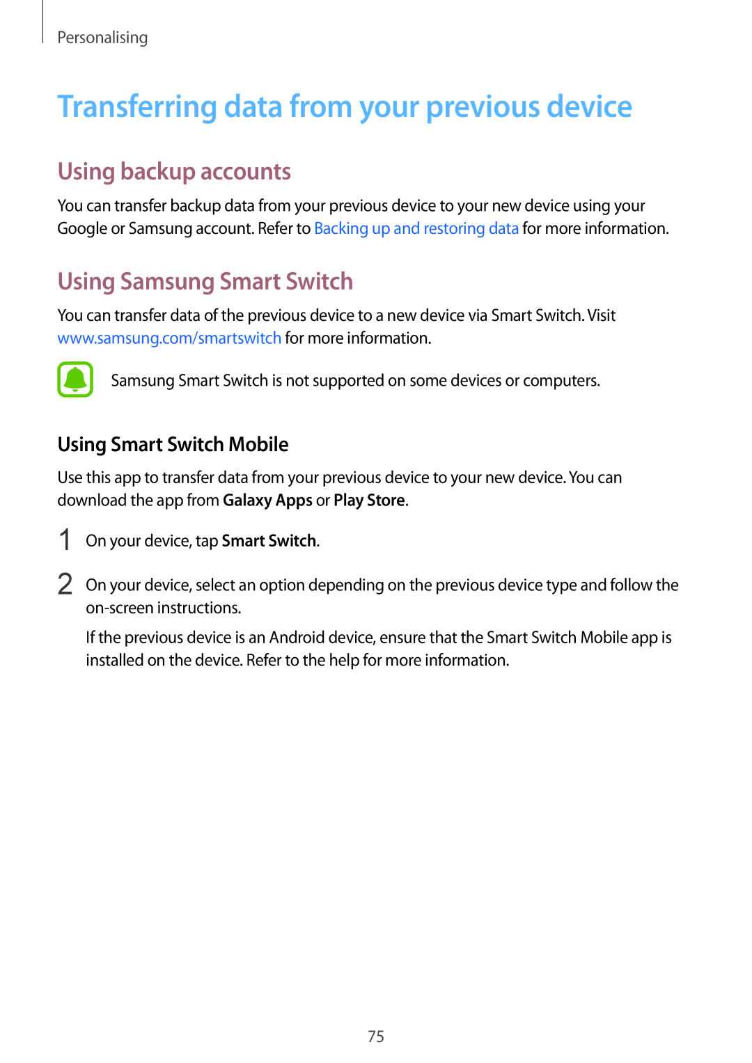 Samsung SM-N910FZKETMT Transferring data from your previous device, Using backup accounts, Using Samsung Smart Switch 