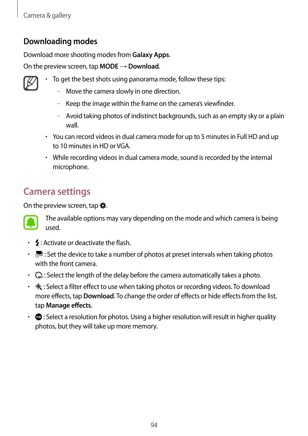 Samsung SM-N910FZKETMZ, SM-N910FZWEEUR, SM-N910FZWEDRE, SM-N910FZWECOS, SM-N910FZKESFR Camera settings, Downloading modes 