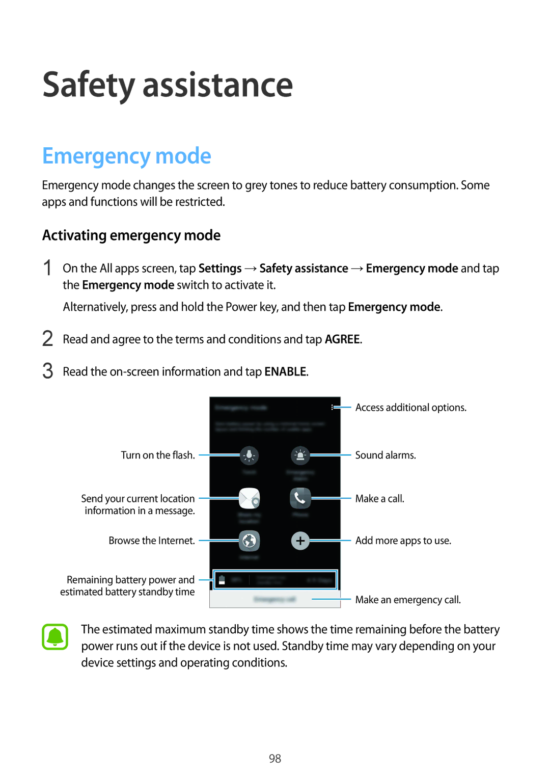 Samsung SM-N910CZKEXEO, SM-N910FZWEEUR, SM-N910FZWEDRE manual Safety assistance, Emergency mode, Activating emergency mode 