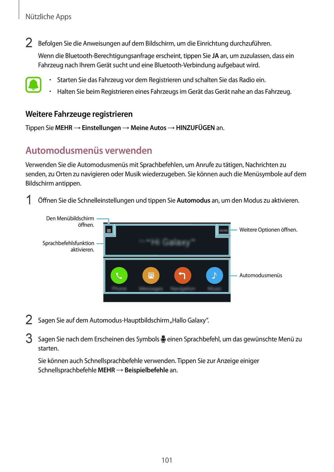 Samsung SM-N910FZKETCL, SM-N910FZWEEUR, SM-N910FZWEDRE manual Automodusmenüs verwenden, Weitere Fahrzeuge registrieren 