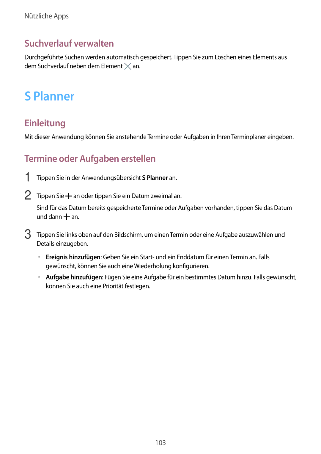 Samsung SM-N910FZIEATO, SM-N910FZWEEUR, SM-N910FZWEDRE manual Planner, Suchverlauf verwalten, Termine oder Aufgaben erstellen 