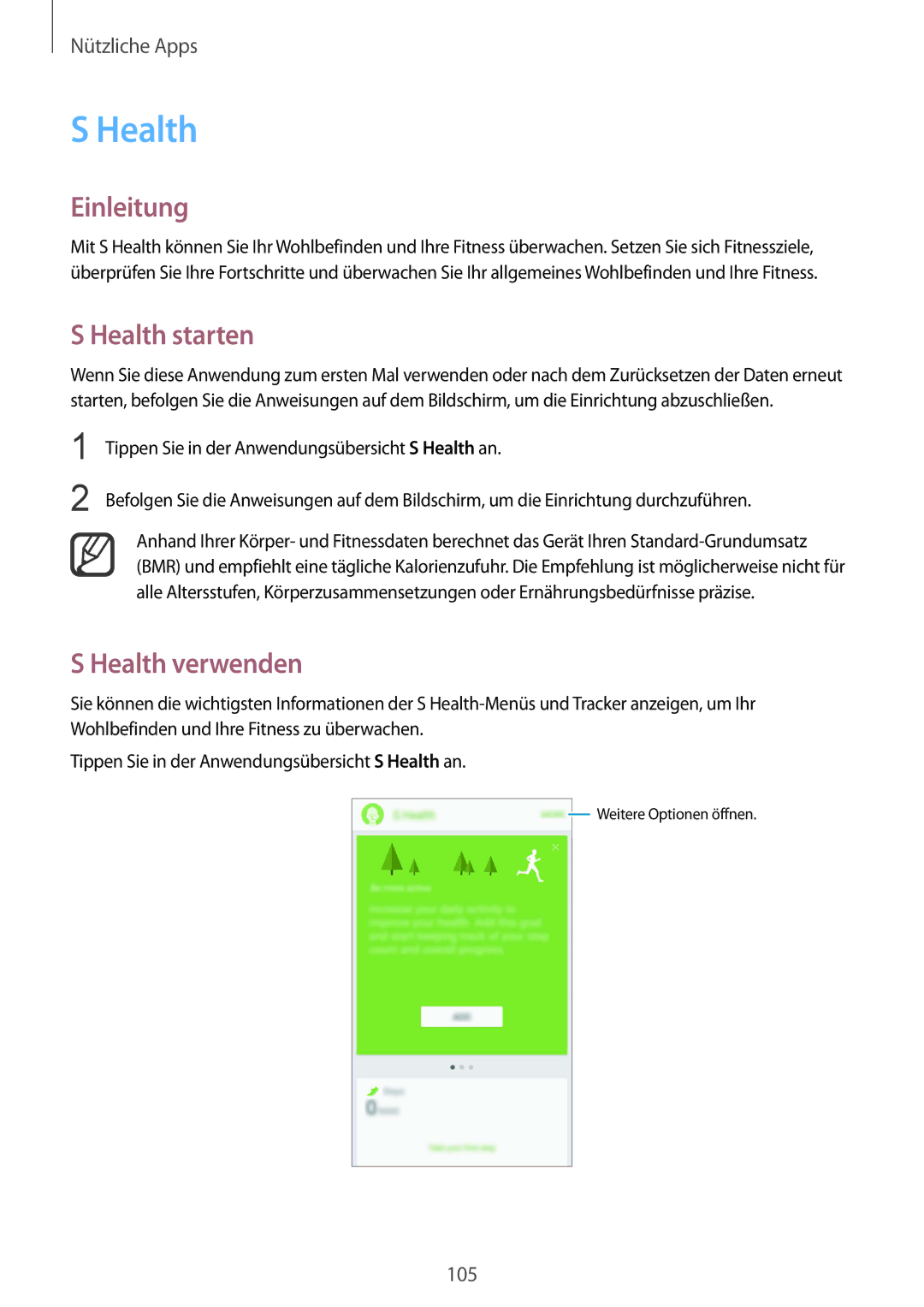 Samsung SM-N910FZWEMEO, SM-N910FZWEEUR, SM-N910FZWEDRE, SM-N910FZWECOS, SM-N910FZKESFR Health starten, Health verwenden 