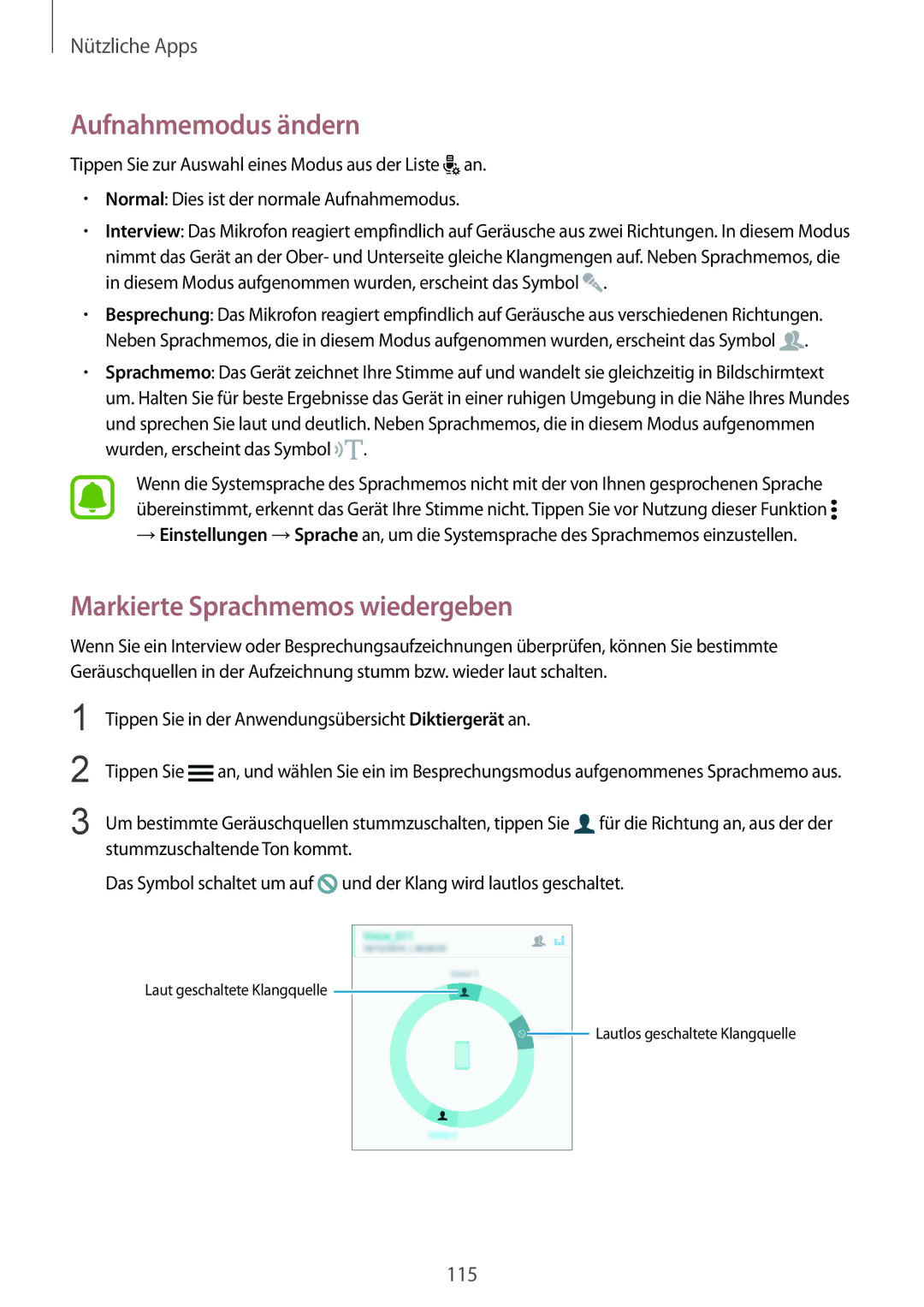 Samsung SM-N910FZDETPH, SM-N910FZWEEUR, SM-N910FZWEDRE manual Aufnahmemodus ändern, Markierte Sprachmemos wiedergeben 