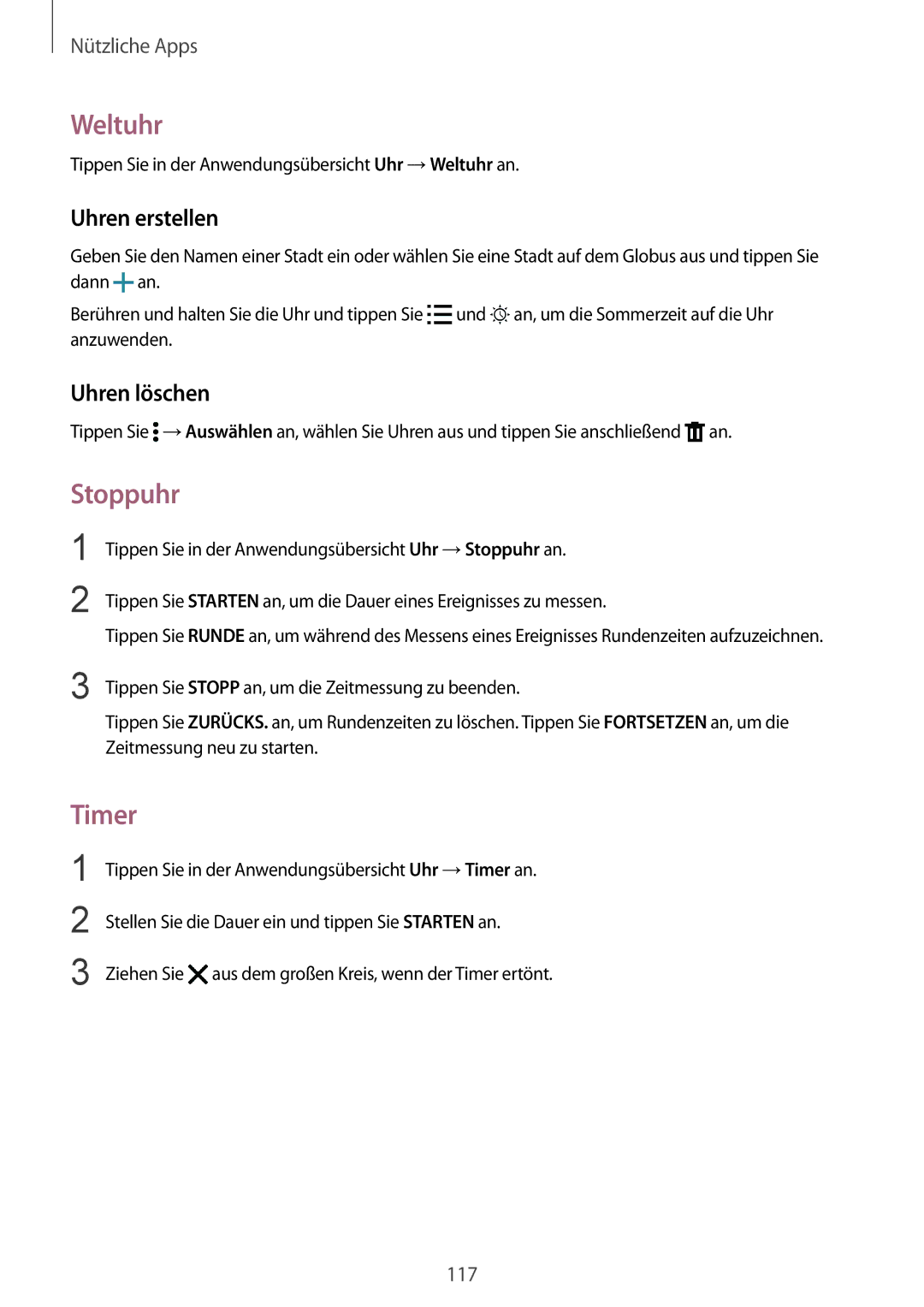 Samsung SM-N910FZDEEUR, SM-N910FZWEEUR, SM-N910FZWEDRE manual Weltuhr, Stoppuhr, Timer, Uhren erstellen, Uhren löschen 