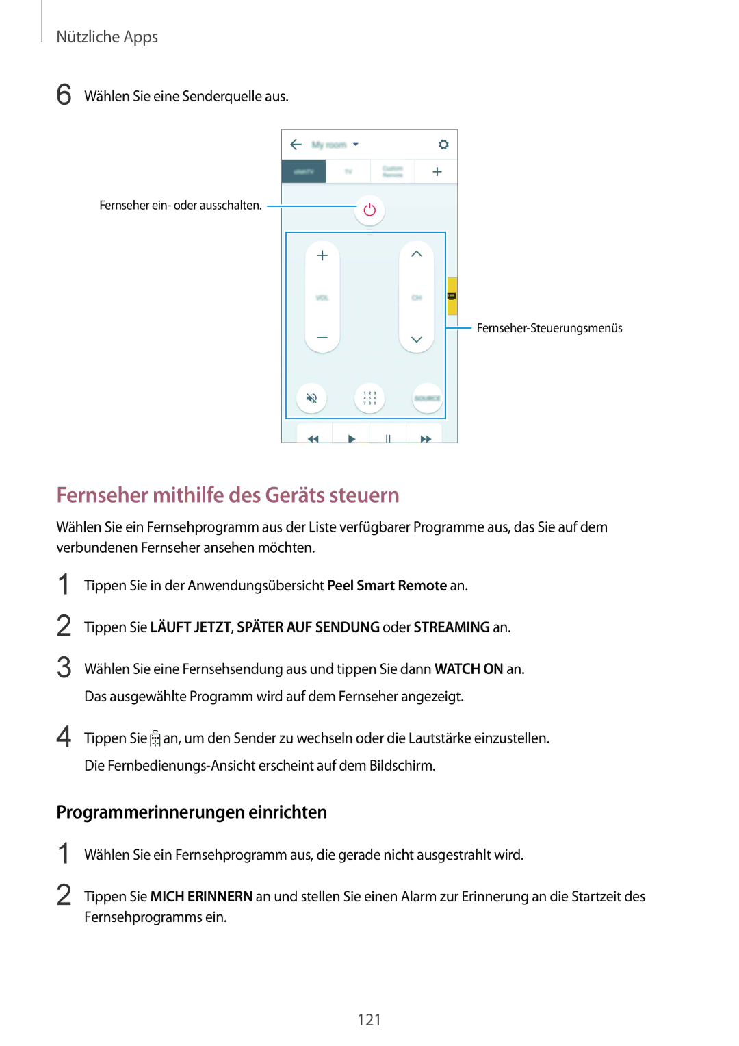 Samsung SM-N910FZWEVD2, SM-N910FZWEEUR manual Fernseher mithilfe des Geräts steuern, Programmerinnerungen einrichten 