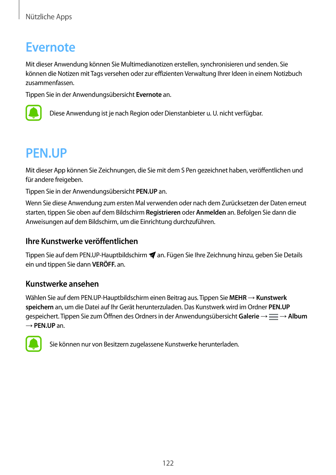 Samsung SM-N910FZWEDBT, SM-N910FZWEEUR manual Evernote, Ihre Kunstwerke veröffentlichen, Kunstwerke ansehen, → PEN.UP an 