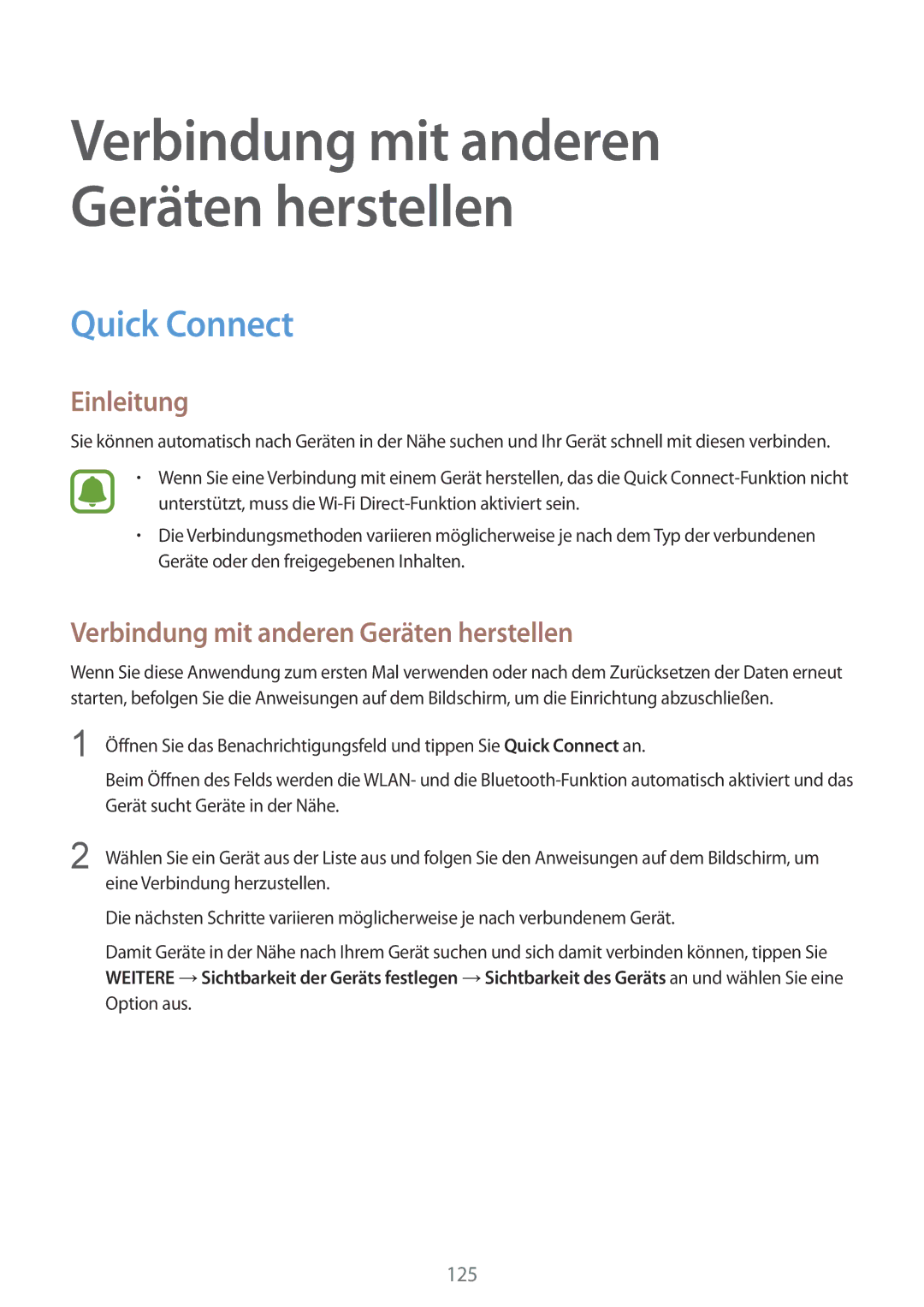 Samsung SM-N910FZDEBAL, SM-N910FZWEEUR, SM-N910FZWEDRE manual Quick Connect, Verbindung mit anderen Geräten herstellen 