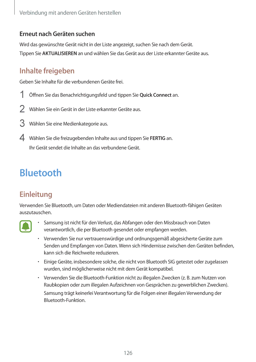 Samsung SM-N910FZWEATO, SM-N910FZWEEUR, SM-N910FZWEDRE manual Bluetooth, Inhalte freigeben, Erneut nach Geräten suchen 