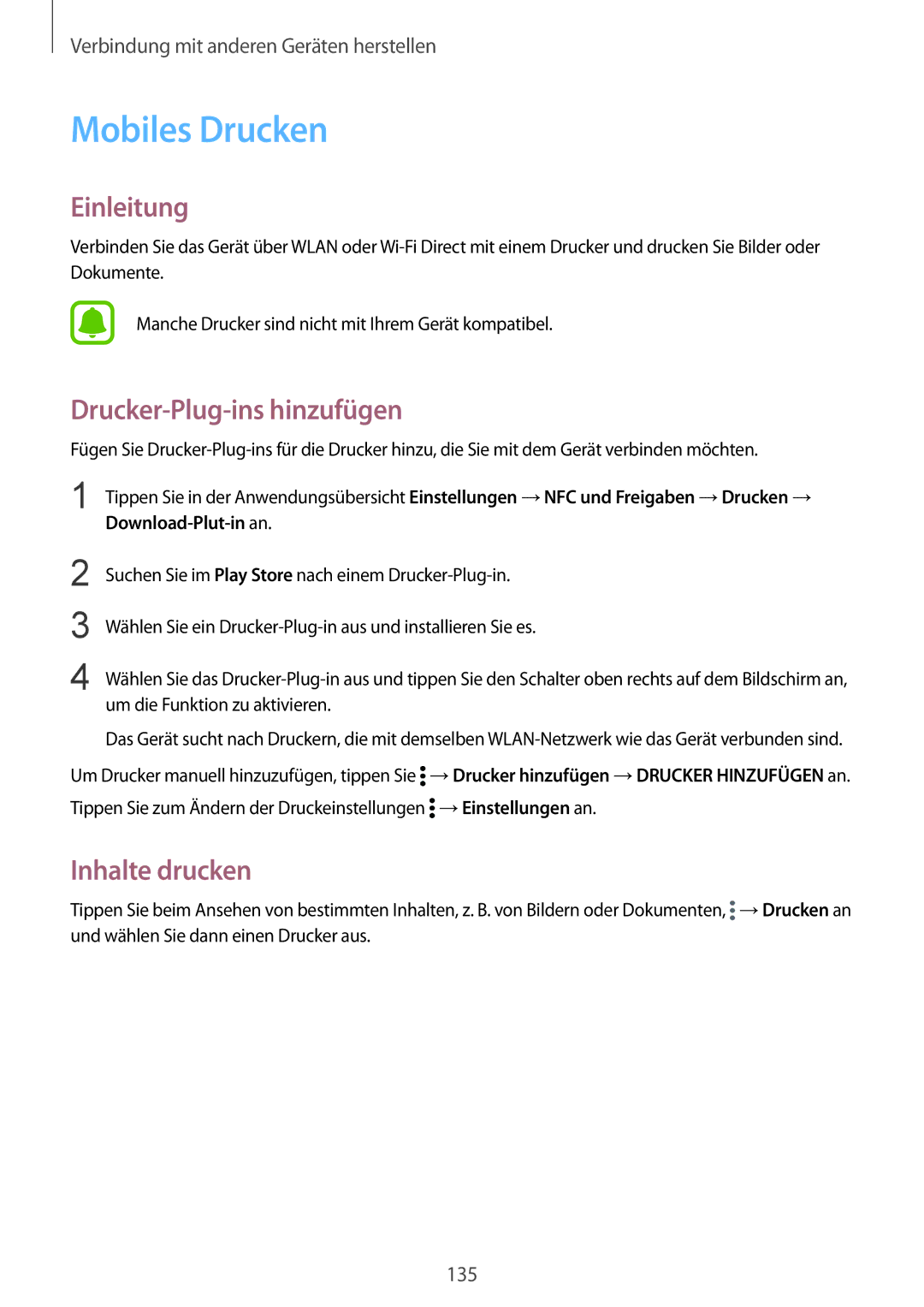 Samsung SM-N910FZKEIDE, SM-N910FZWEEUR, SM-N910FZWEDRE manual Mobiles Drucken, Drucker-Plug-ins hinzufügen, Inhalte drucken 