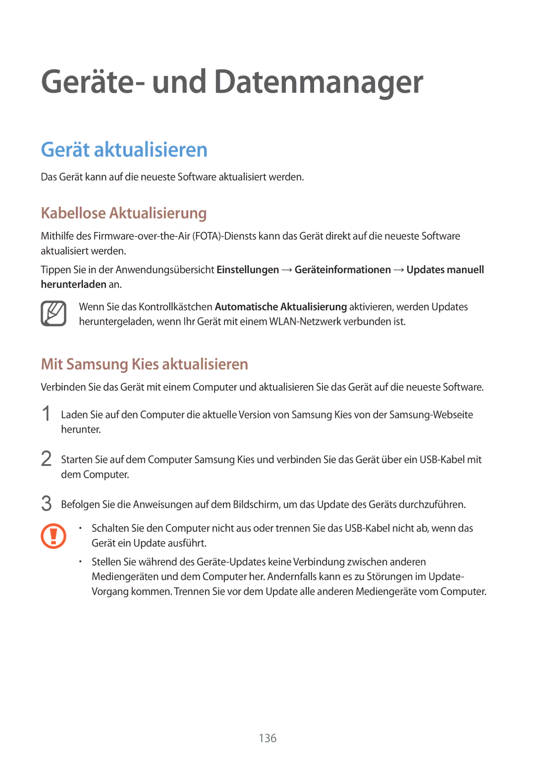 Samsung SM-N910FZKEXEF, SM-N910FZWEEUR manual Geräte- und Datenmanager, Gerät aktualisieren, Kabellose Aktualisierung 