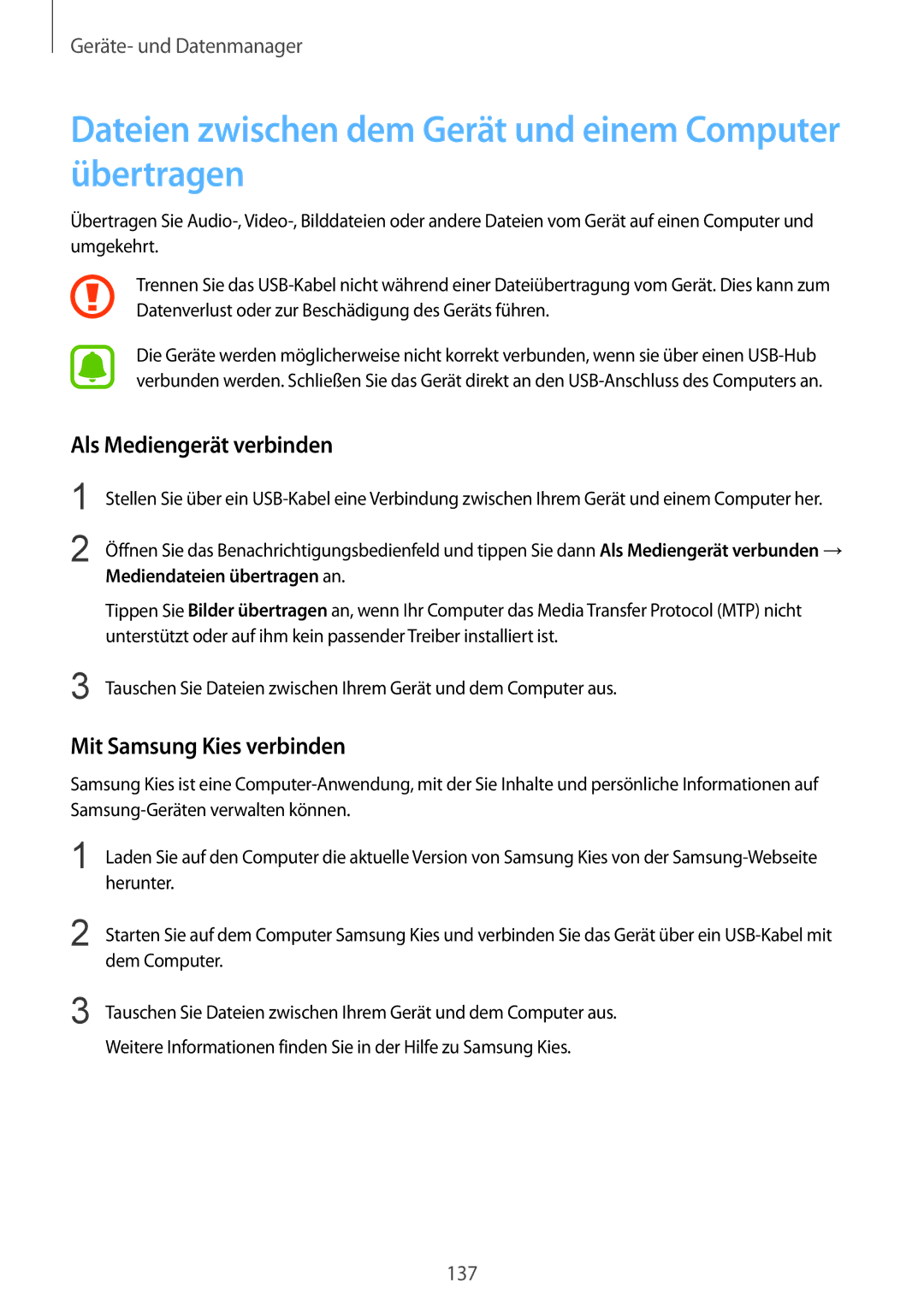 Samsung SM-N910FZWEXEF, SM-N910FZWEEUR Dateien zwischen dem Gerät und einem Computer übertragen, Als Mediengerät verbinden 