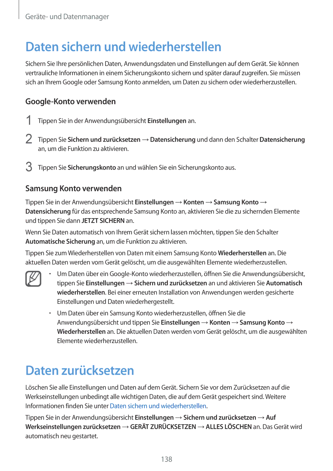 Samsung SM-N910FZWEEUR, SM-N910FZWEDRE manual Daten sichern und wiederherstellen, Daten zurücksetzen, Google-Konto verwenden 