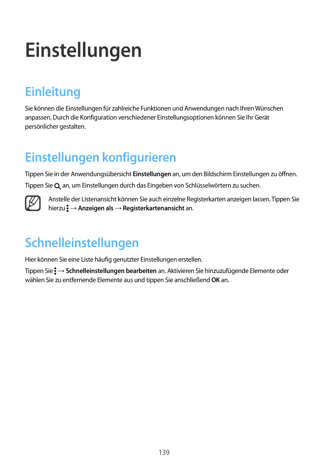 Samsung SM-N910FZWEDRE, SM-N910FZWEEUR, SM-N910FZWECOS Einleitung, Einstellungen konfigurieren, Schnelleinstellungen 