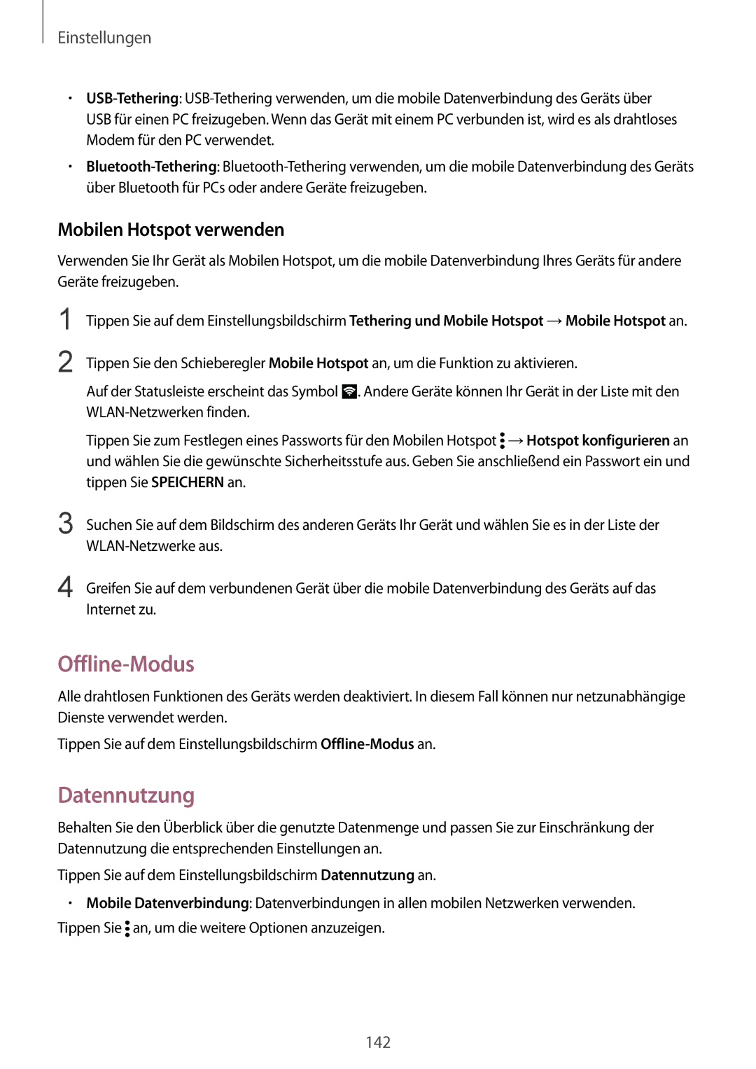 Samsung SM-N910FZKEMOB, SM-N910FZWEEUR, SM-N910FZWEDRE manual Offline-Modus, Datennutzung, Mobilen Hotspot verwenden 