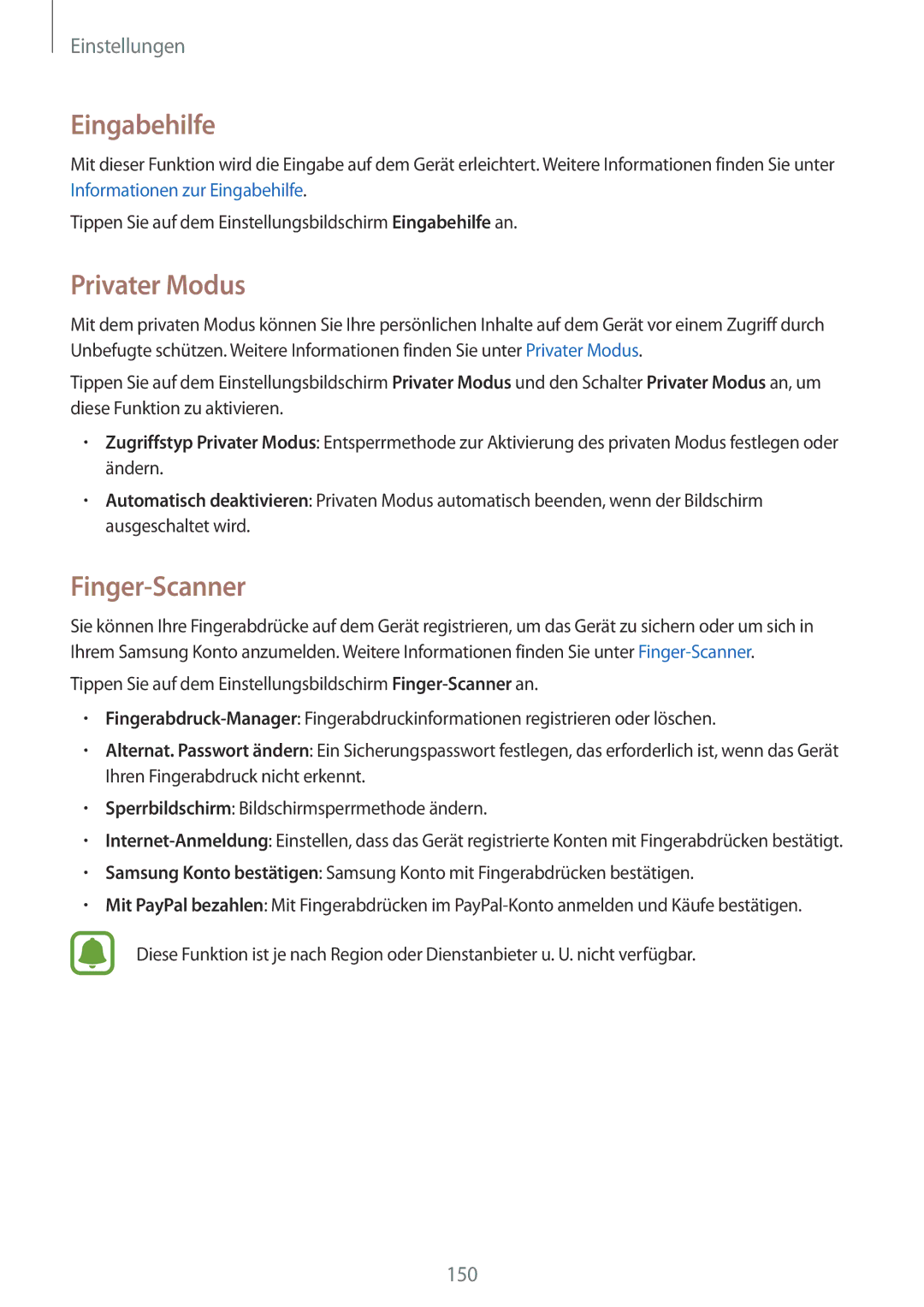 Samsung SM-N910FZDEDRE, SM-N910FZWEEUR, SM-N910FZWEDRE, SM-N910FZWECOS manual Eingabehilfe, Privater Modus, Finger-Scanner 