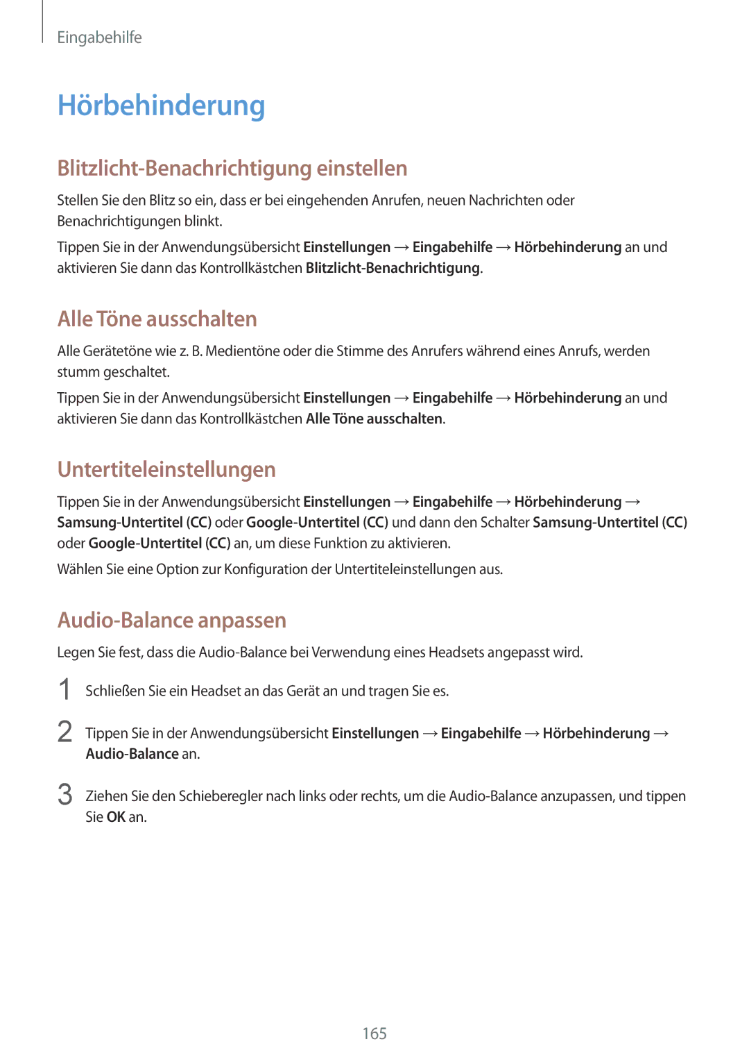 Samsung SM-N910FZKEBOG, SM-N910FZWEEUR manual Hörbehinderung, Blitzlicht-Benachrichtigung einstellen, Alle Töne ausschalten 