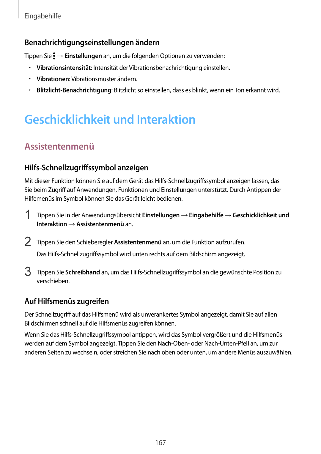 Samsung SM-N910FZWEVD2 manual Geschicklichkeit und Interaktion, Assistentenmenü, Benachrichtigungseinstellungen ändern 