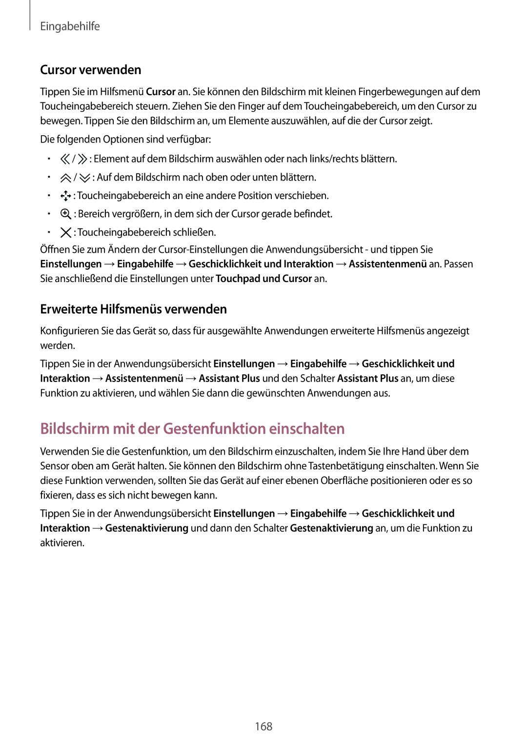 Samsung SM-N910FZWEDBT Bildschirm mit der Gestenfunktion einschalten, Cursor verwenden, Erweiterte Hilfsmenüs verwenden 