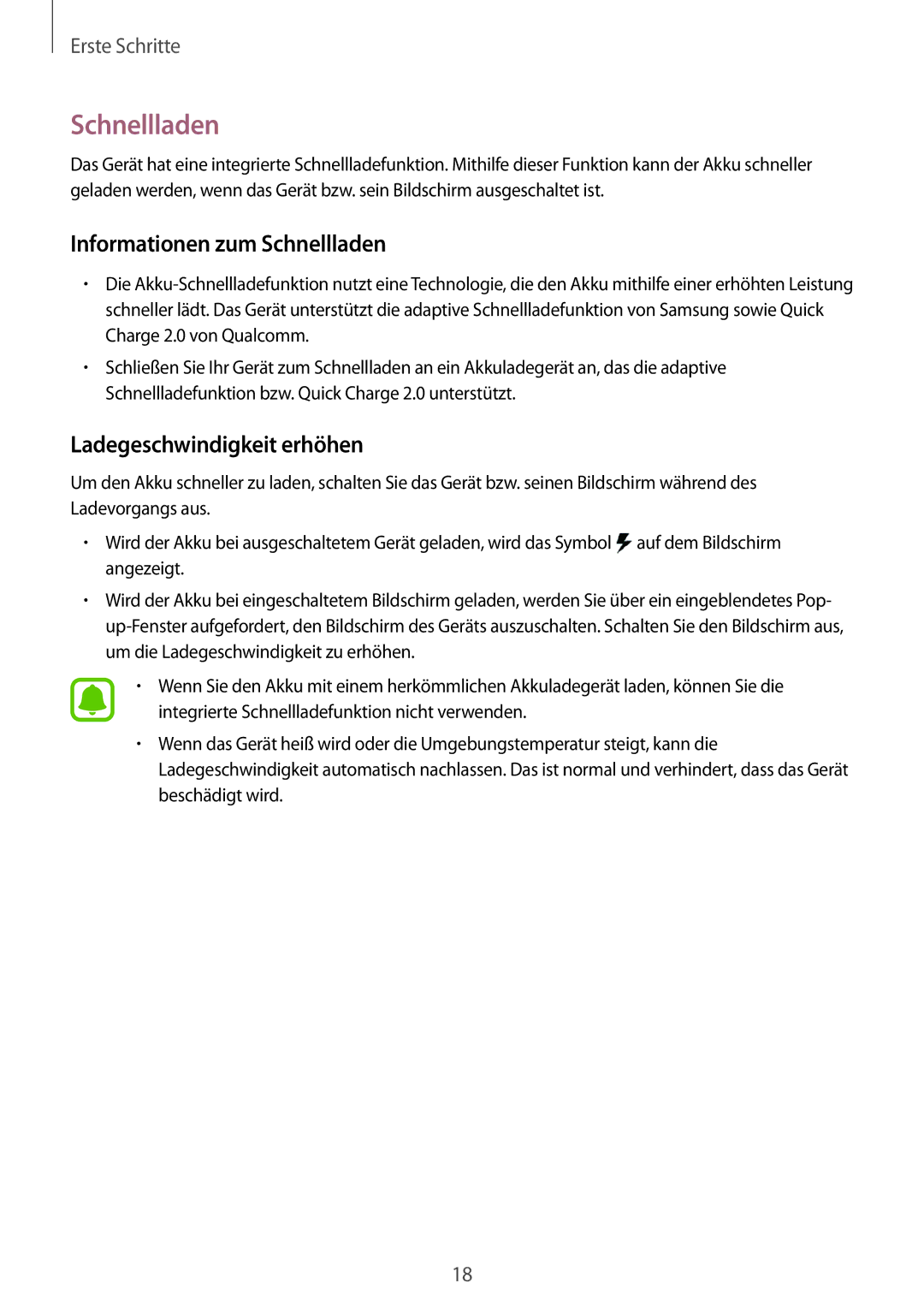 Samsung SM-N910FZKEVD2, SM-N910FZWEEUR, SM-N910FZWEDRE manual Informationen zum Schnellladen, Ladegeschwindigkeit erhöhen 