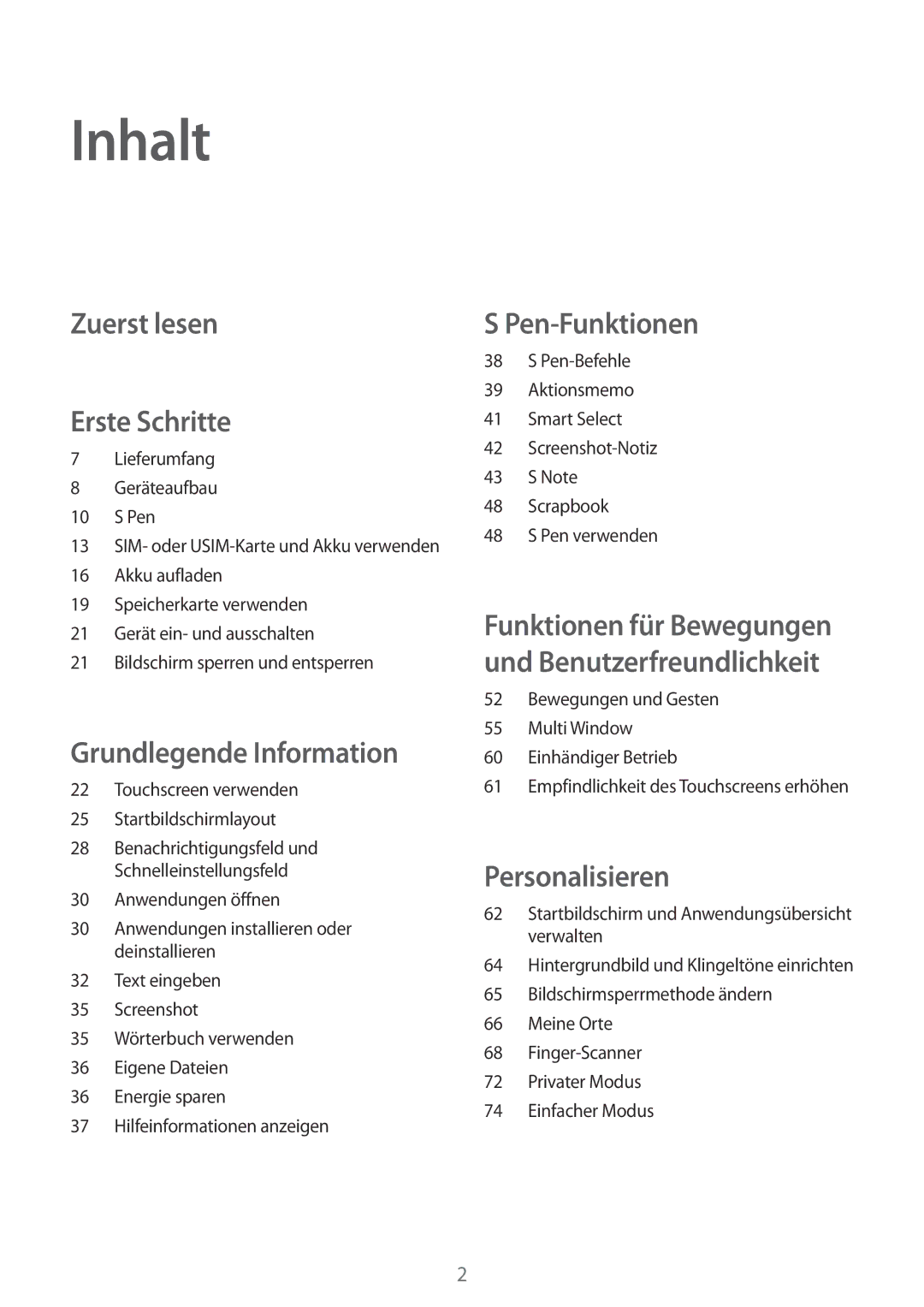 Samsung SM-N910FZWECOS, SM-N910FZWEEUR, SM-N910FZWEDRE, SM-N910FZKESFR, SM-N910FZKEMOB Inhalt, Zuerst lesen Erste Schritte 