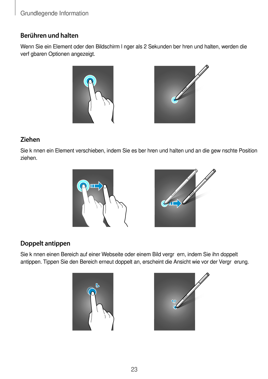 Samsung SM-N910FZDETPH, SM-N910FZWEEUR, SM-N910FZWEDRE, SM-N910FZWECOS manual Berühren und halten, Ziehen, Doppelt antippen 