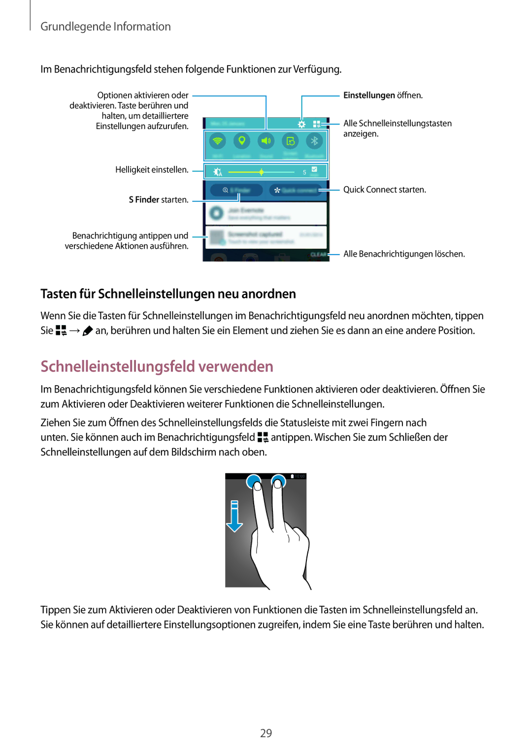 Samsung SM-N910FZWEVD2, SM-N910FZWEEUR Schnelleinstellungsfeld verwenden, Tasten für Schnelleinstellungen neu anordnen 