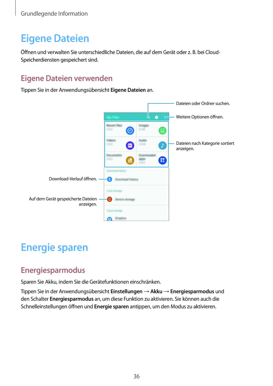 Samsung SM-N910FZIEDBT, SM-N910FZWEEUR, SM-N910FZWEDRE manual Energie sparen, Eigene Dateien verwenden, Energiesparmodus 