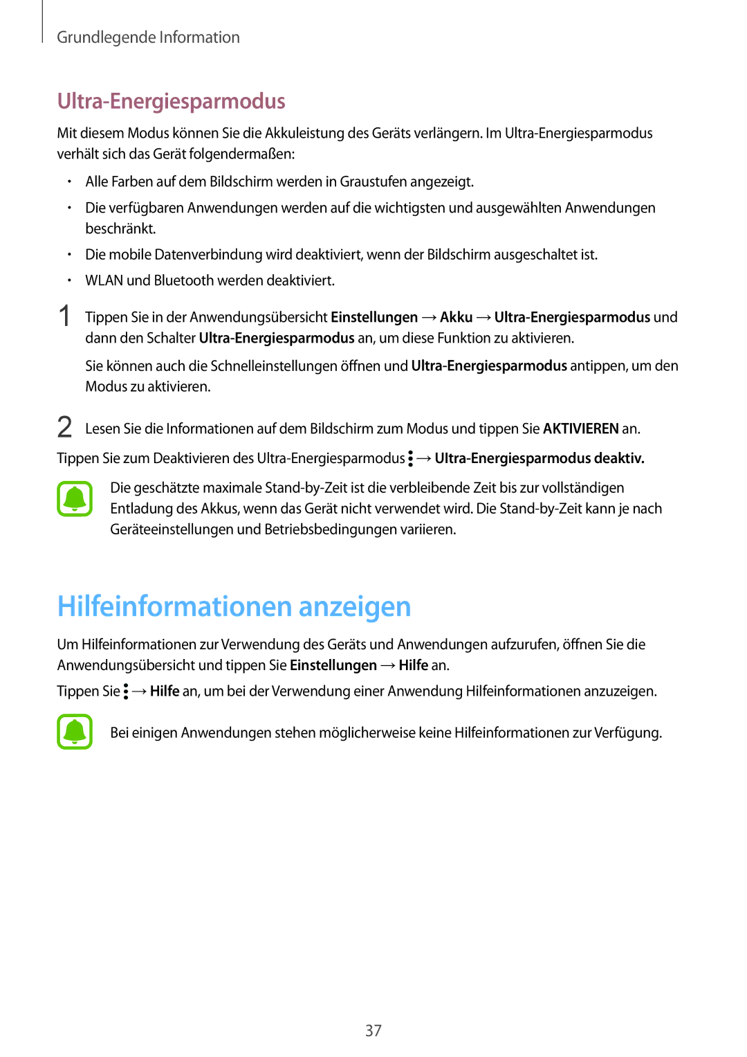 Samsung SM-N910FZWESFR, SM-N910FZWEEUR, SM-N910FZWEDRE, SM-N910FZWECOS Hilfeinformationen anzeigen, Ultra-Energiesparmodus 