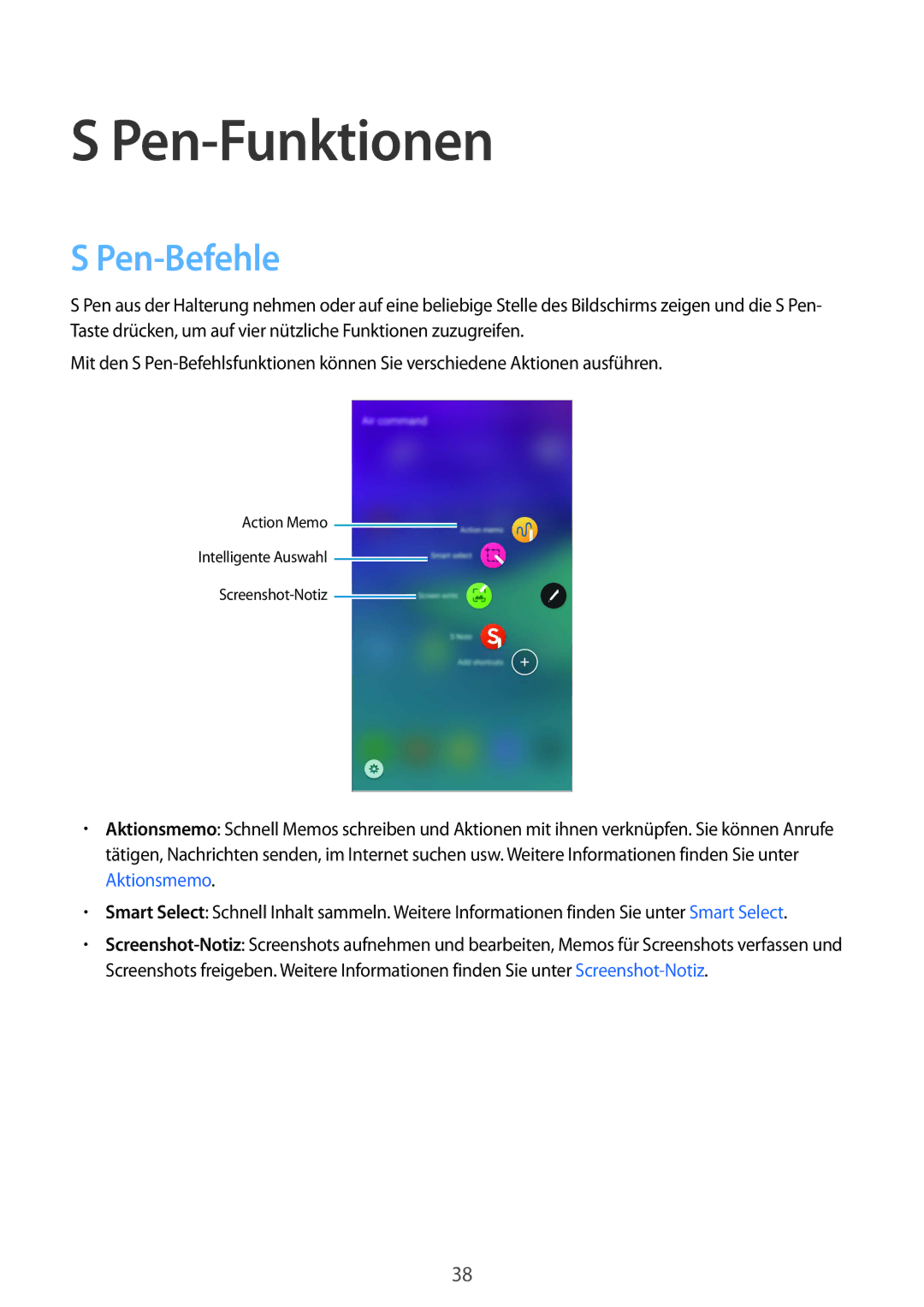 Samsung SM-N910FZKETPL, SM-N910FZWEEUR, SM-N910FZWEDRE, SM-N910FZWECOS, SM-N910FZKESFR manual Pen-Funktionen, Pen-Befehle 