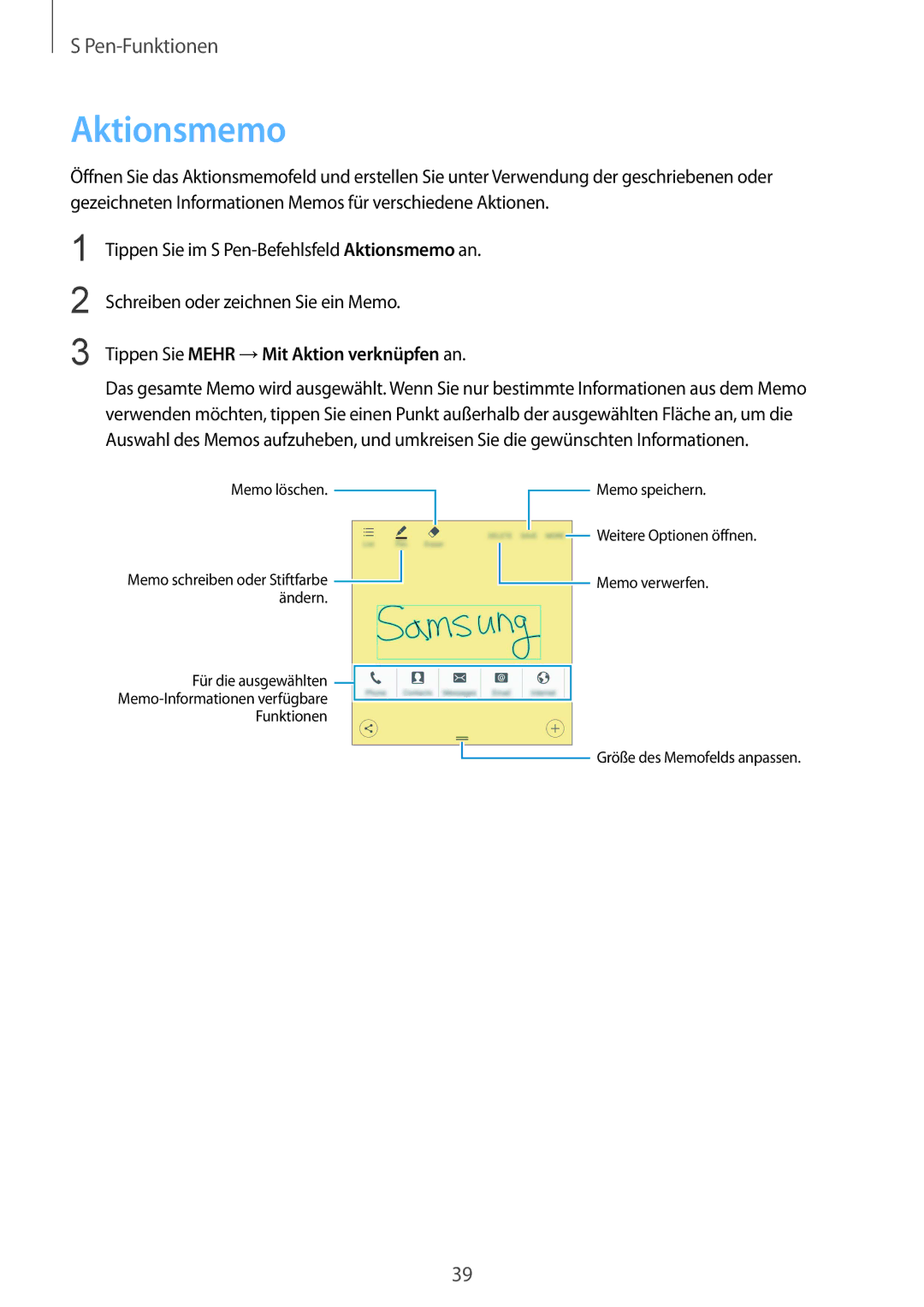 Samsung SM-N910FZKEEUR, SM-N910FZWEEUR, SM-N910FZWEDRE manual Aktionsmemo, Tippen Sie Mehr →Mit Aktion verknüpfen an 