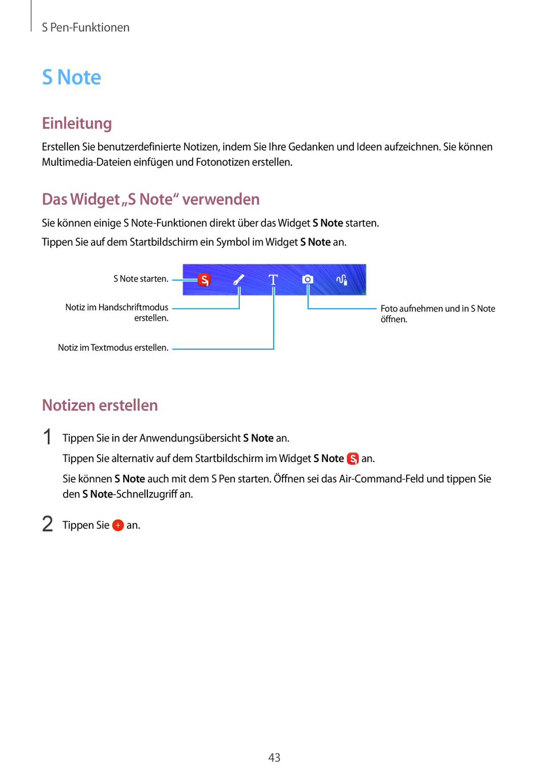 Samsung SM-N910FZKEIDE, SM-N910FZWEEUR, SM-N910FZWEDRE manual Einleitung, Das Widget„S Note verwenden, Notizen erstellen 