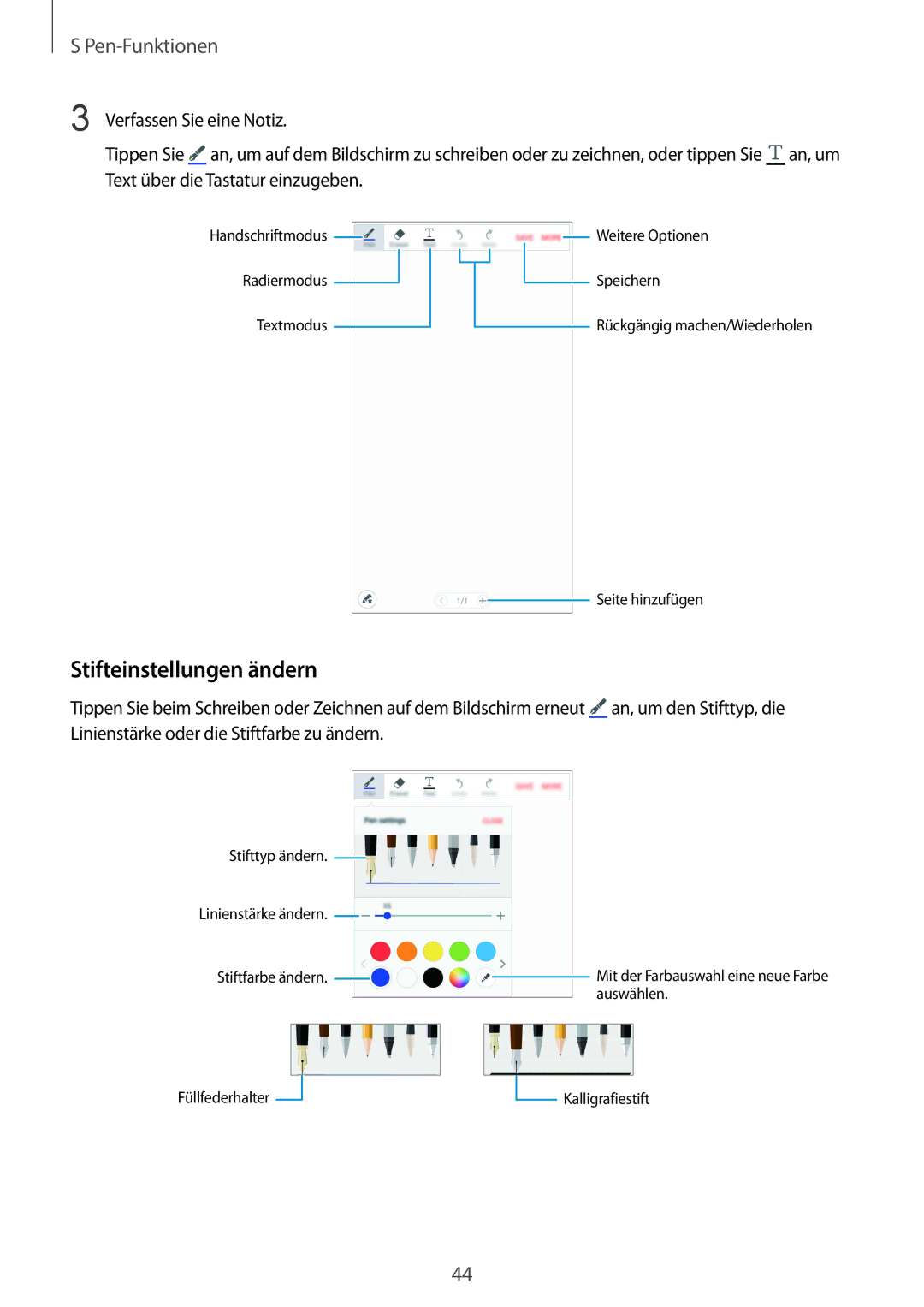 Samsung SM-N910FZKEXEF, SM-N910FZWEEUR, SM-N910FZWEDRE, SM-N910FZWECOS, SM-N910FZKESFR manual Stifteinstellungen ändern 