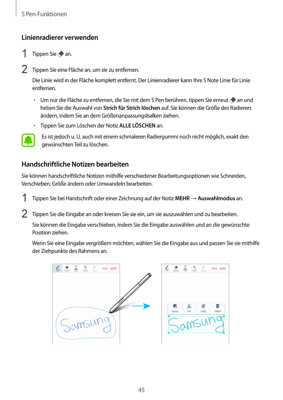 Samsung SM-N910FZWEXEF, SM-N910FZWEEUR, SM-N910FZWEDRE manual Linienradierer verwenden, Handschriftliche Notizen bearbeiten 