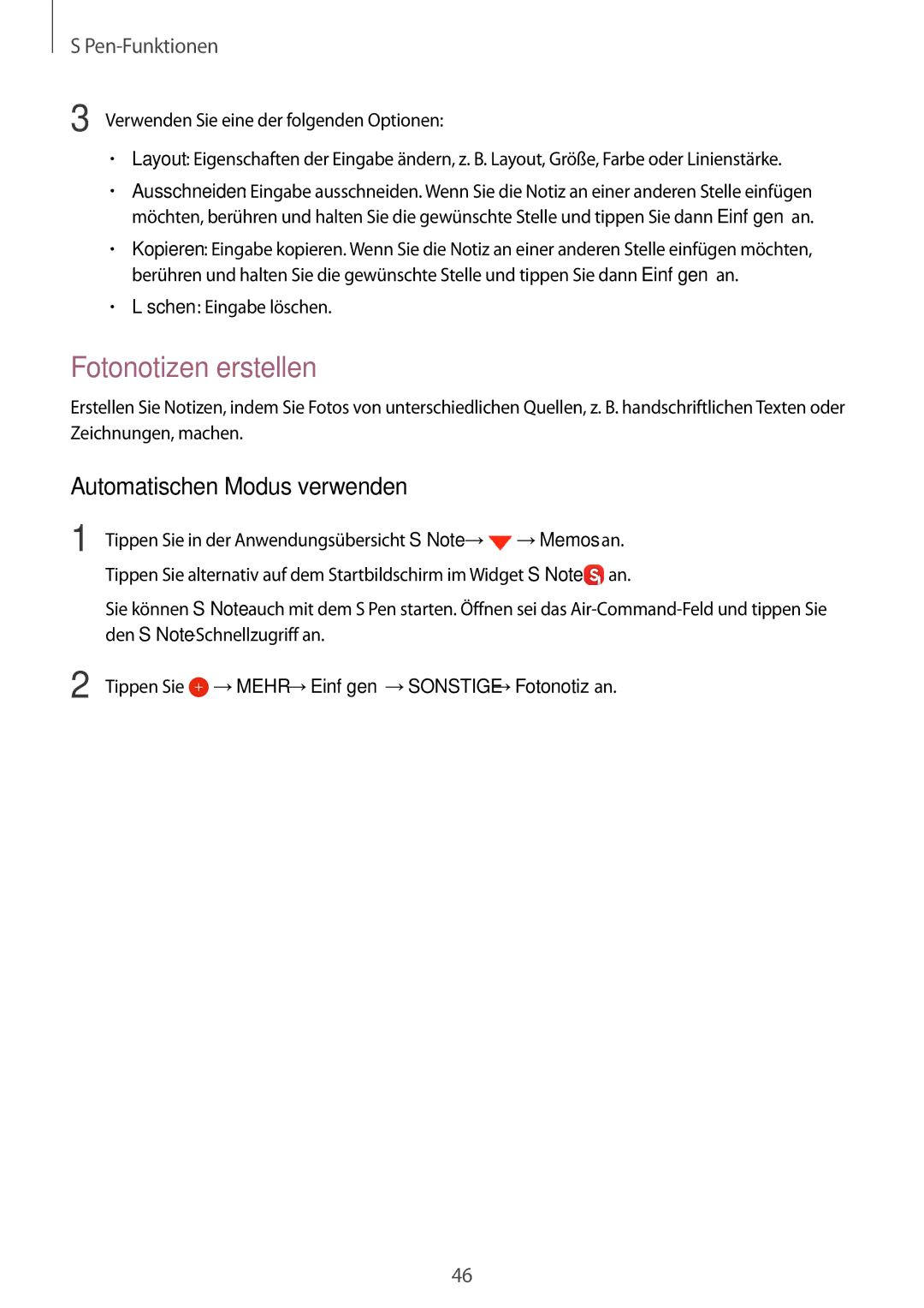 Samsung SM-N910FZWEEUR, SM-N910FZWEDRE, SM-N910FZWECOS, SM-N910FZKESFR Fotonotizen erstellen, Automatischen Modus verwenden 