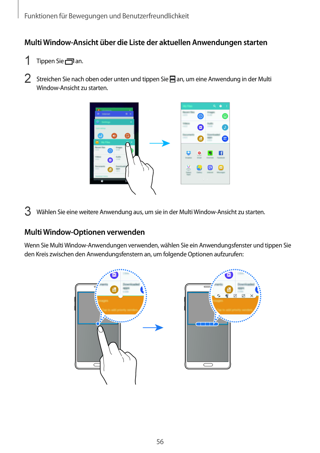 Samsung SM-N910FZKEDBT, SM-N910FZWEEUR, SM-N910FZWEDRE, SM-N910FZWECOS, SM-N910FZKESFR manual Multi Window-Optionen verwenden 