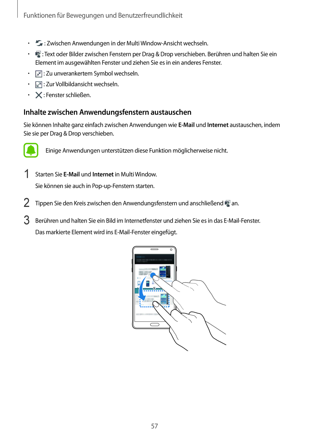 Samsung SM-N910FZIEATO, SM-N910FZWEEUR, SM-N910FZWEDRE, SM-N910FZWECOS manual Inhalte zwischen Anwendungsfenstern austauschen 