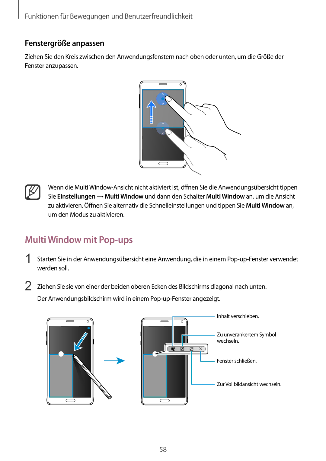 Samsung SM-N910FZDEDRE, SM-N910FZWEEUR, SM-N910FZWEDRE, SM-N910FZWECOS manual Multi Window mit Pop-ups, Fenstergröße anpassen 