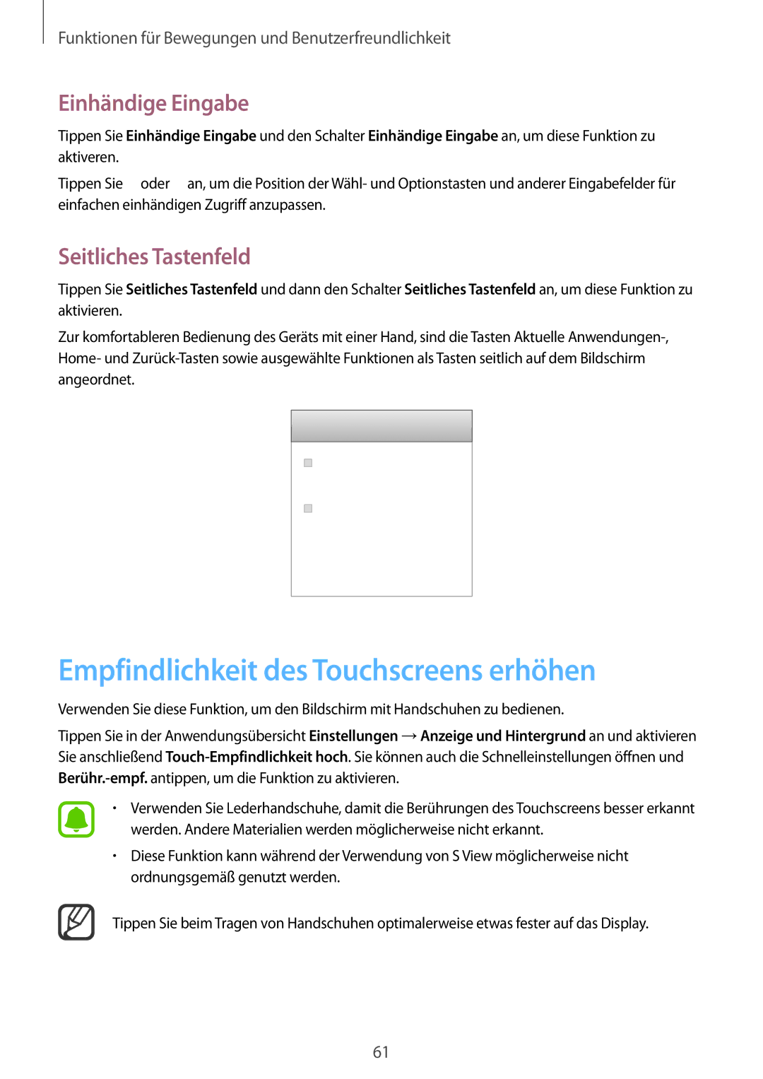 Samsung SM-N910FZWEBOG, SM-N910FZWEEUR Empfindlichkeit des Touchscreens erhöhen, Einhändige Eingabe, Seitliches Tastenfeld 