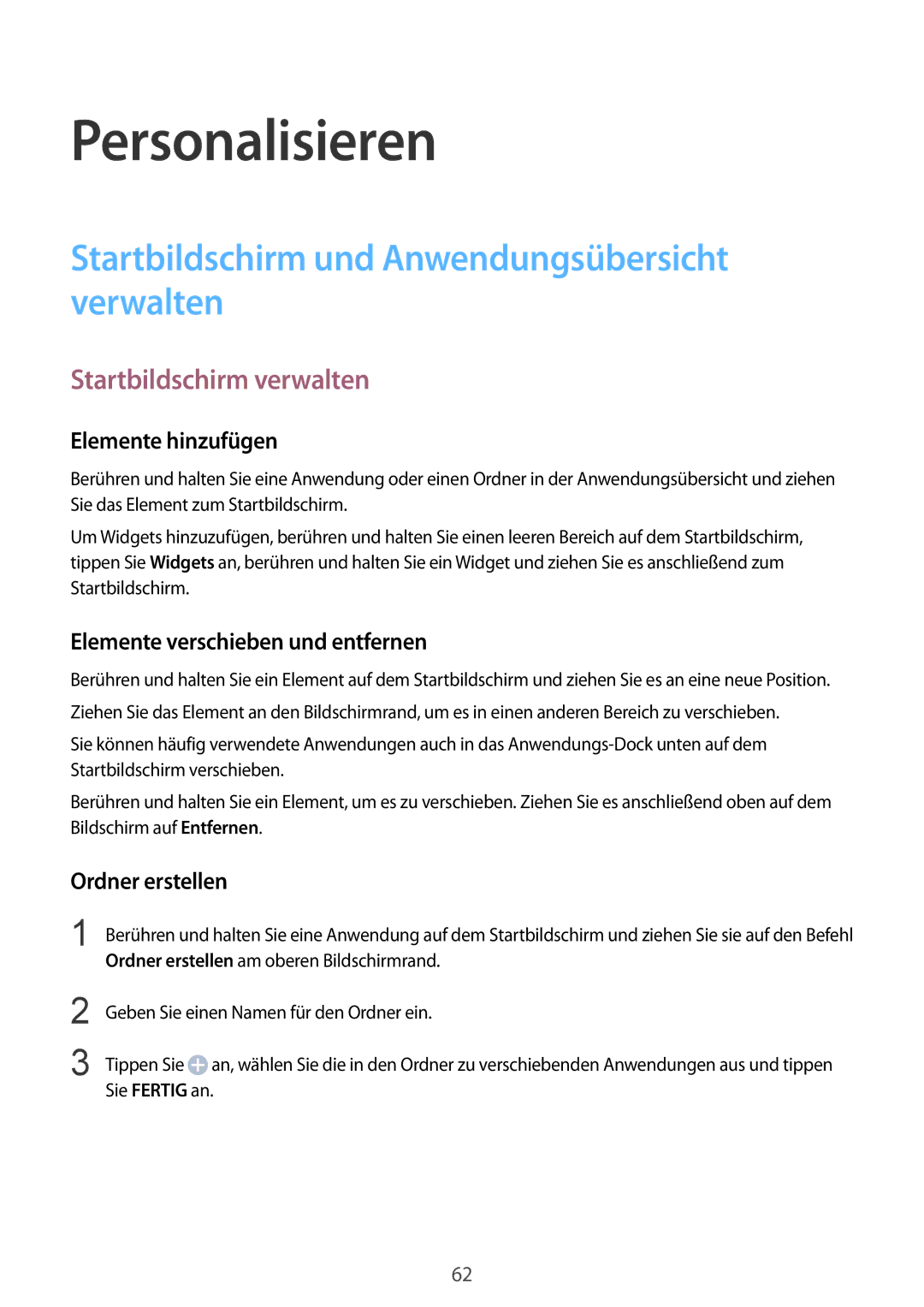 Samsung SM-N910FZKEVOD manual Personalisieren, Startbildschirm und Anwendungsübersicht verwalten, Startbildschirm verwalten 