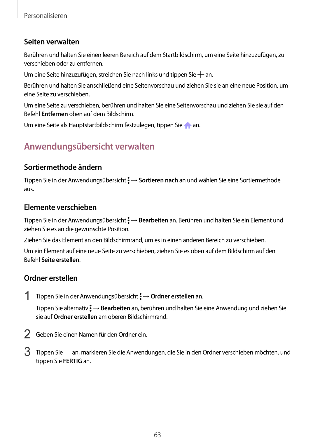 Samsung SM-N910FZKEVIA manual Anwendungsübersicht verwalten, Seiten verwalten, Sortiermethode ändern, Elemente verschieben 