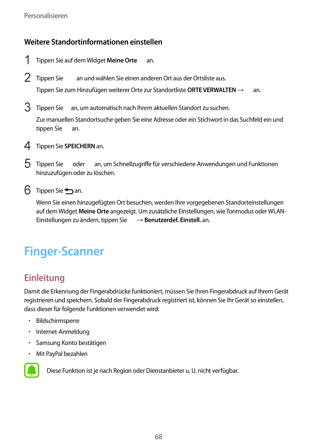 Samsung SM-N910FZKECYV, SM-N910FZWEEUR, SM-N910FZWEDRE manual Finger-Scanner, Weitere Standortinformationen einstellen 