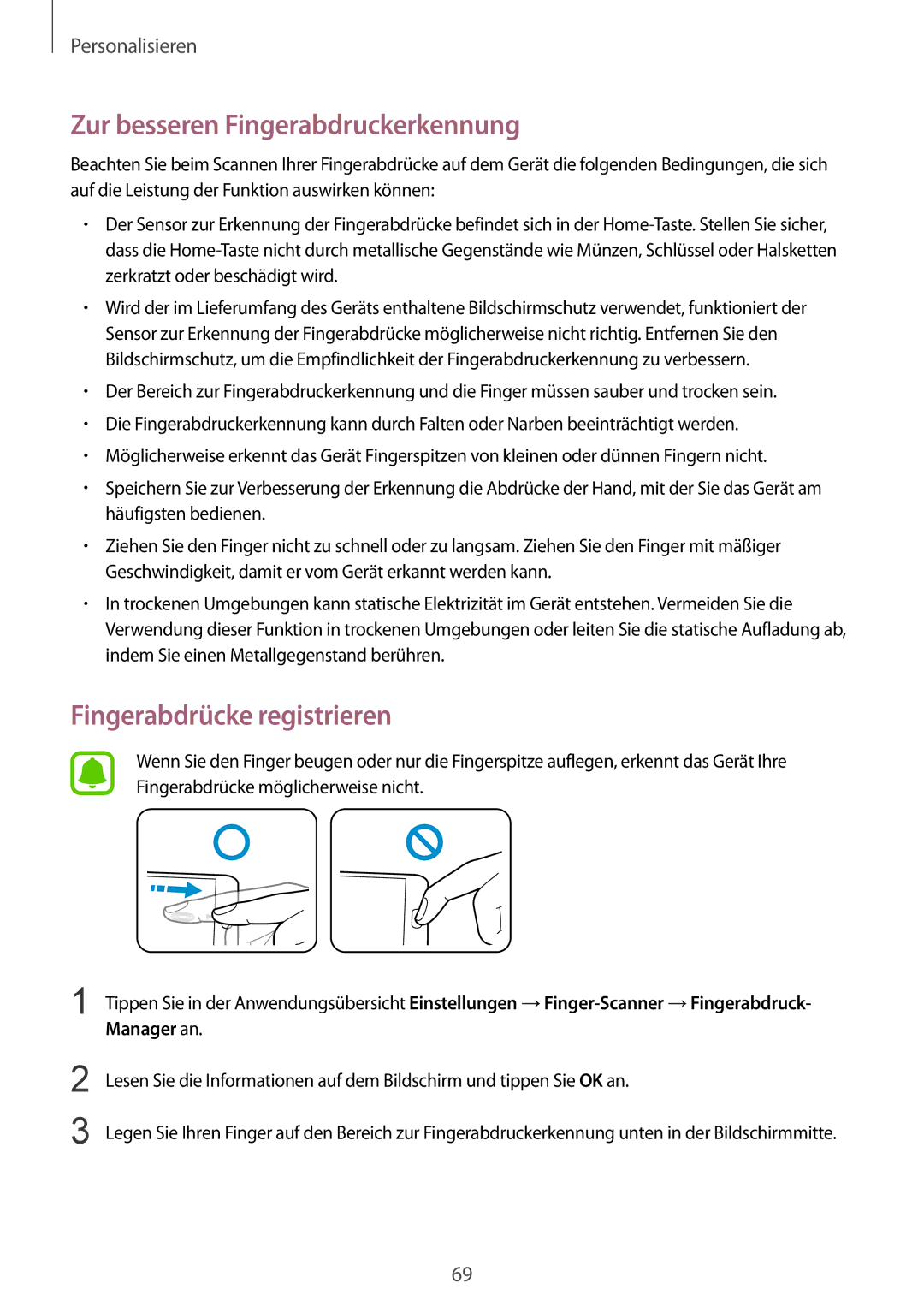 Samsung SM-N910FZDETPH, SM-N910FZWEEUR, SM-N910FZWEDRE Zur besseren Fingerabdruckerkennung, Fingerabdrücke registrieren 