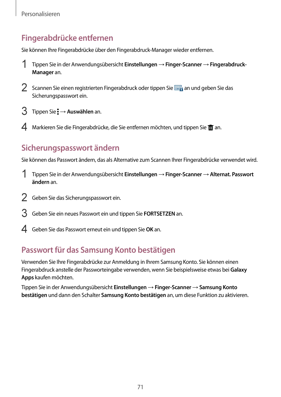 Samsung SM-N910FZDEEUR Fingerabdrücke entfernen, Sicherungspasswort ändern, Passwort für das Samsung Konto bestätigen 