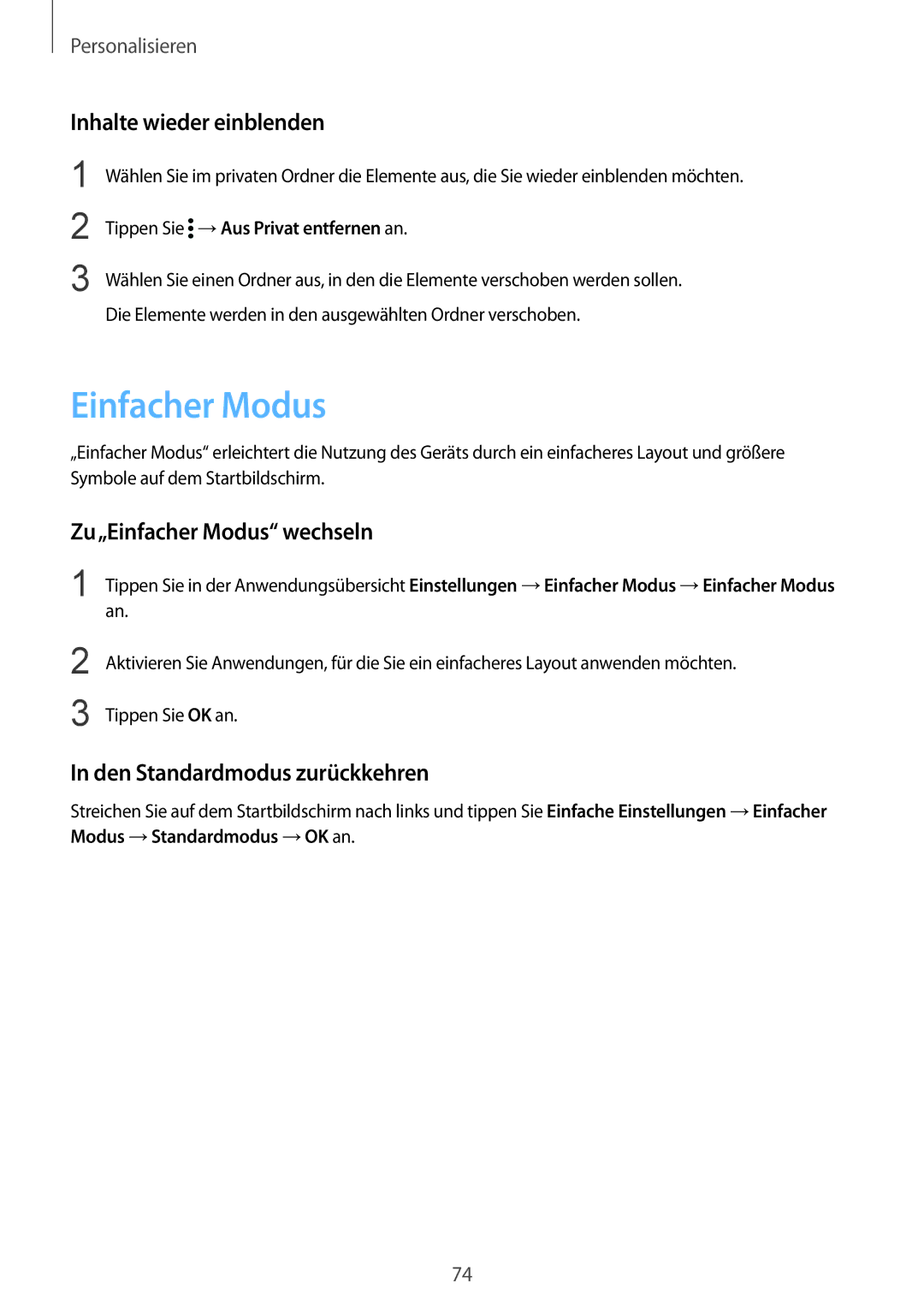 Samsung SM-N910FZWEVGR manual Inhalte wieder einblenden, Zu„Einfacher Modus wechseln, Den Standardmodus zurückkehren 