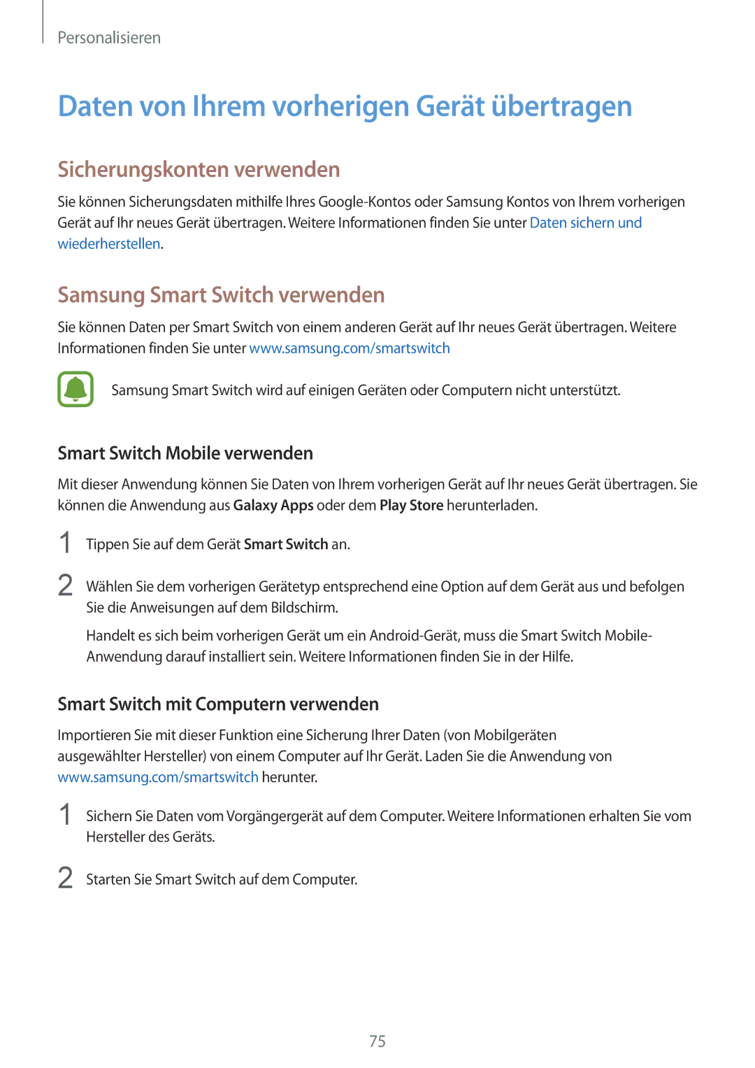 Samsung SM-N910FZWEVD2, SM-N910FZWEEUR manual Daten von Ihrem vorherigen Gerät übertragen, Sicherungskonten verwenden 