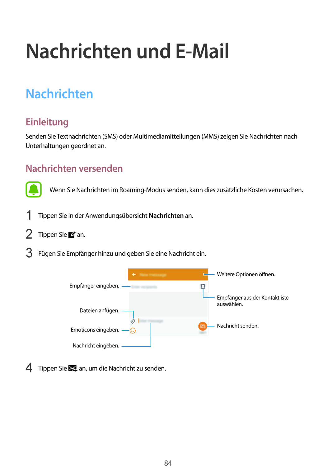 Samsung SM-N910FZKETPL, SM-N910FZWEEUR, SM-N910FZWEDRE, SM-N910FZWECOS manual Nachrichten und E-Mail, Nachrichten versenden 