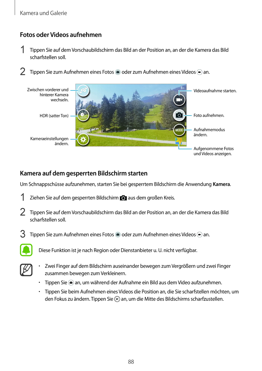 Samsung SM-N910FZDEATO, SM-N910FZWEEUR manual Fotos oder Videos aufnehmen, Kamera auf dem gesperrten Bildschirm starten 